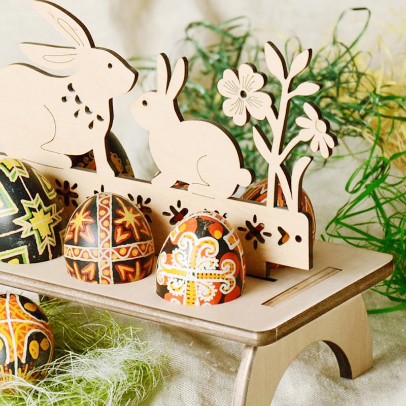 Estante de huevo de Pascua de madera Soporte Conejo Gallina Feliz Patrón de Pascua Festival de Huevos de Pascua Titular de la bandeja DIY Decoración para el hogar